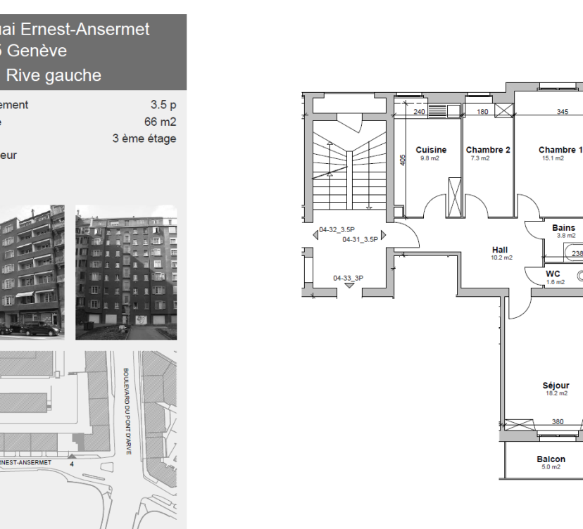 Appartement de 3.5 pièces d\'environ 66 m2 au 3ème étage avec balcon.