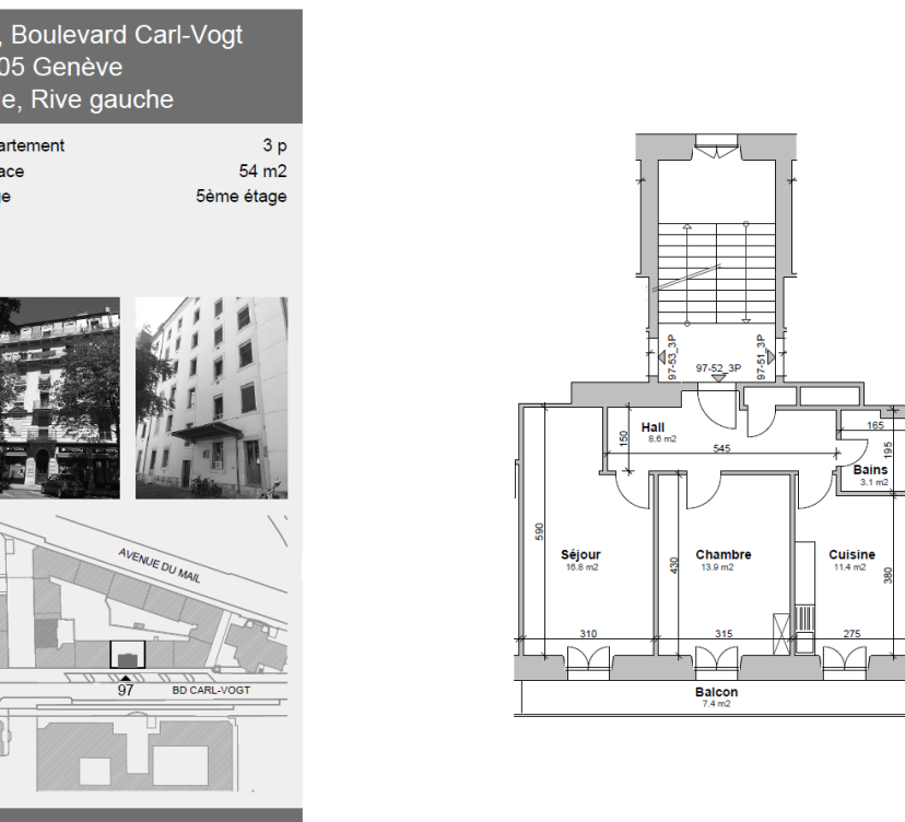 Appartement de 3 pièces au 5ème étage avec balcon